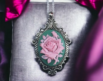 Green and Pink Victorian Rose Cameo Necklace, Floral Pendant, Vintage Ornate Antique Silver