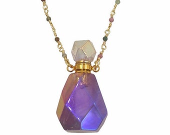 Collana con bottiglia di profumo Rainbow Aura, intaglio a forma di cuore in ametista viola