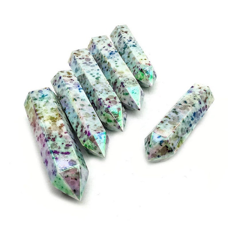 Aura Kiwi Jasper Crystal Tower Electroplated Titanium Rainbow Point Healing Stones Choose Your Own image 5
