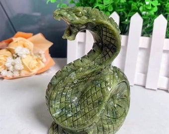Ophiolite Crystal Snake Carving, Green Crystal Animal, Serpent Reptile Witchy Decor