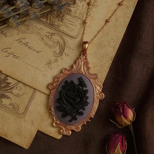 Vintage Black and Purple Rose Cameo Necklace with Ornate  Pendant