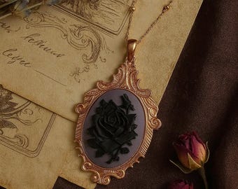 Vintage Black and Purple Rose Cameo Necklace with Ornate  Pendant