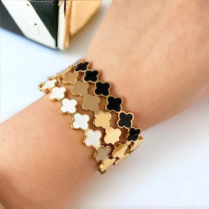 Clover Bracelet Bangle - Hinged Cuff -  Electroplated 18k Gold over Stainless Steel