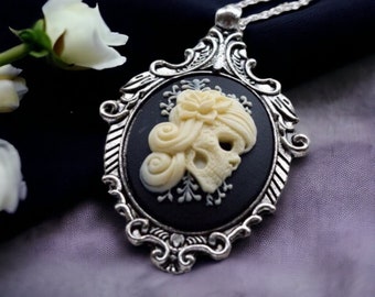 Cream and Black Vintage Lady Skull Cameo Necklace, Victorian Ornate Antique Silver Pendant