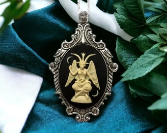 Cream and Black Baphomet Cameo Necklace, Occult, Victorian Antique Silver Pendant