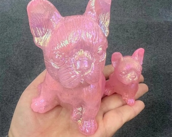 Aura French Bulldog Puppy Crystal Carving, Rose Quartz Dog Electroplated in Bright Pink, Iridescent Animal Decor