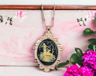 Beige and Black Girl Fawn Cameo Necklace, Artemis Huntress, Rose Gold Victorian Ornate Pendant