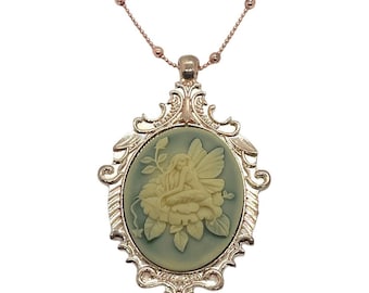 Cream Fairy Butterfly Rose Cameo Necklace, Rose Gold Victorian Ornate Pendant