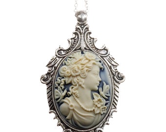 Edwardian Woman Cameo Necklace,, Victorian Antique Silver Pendant