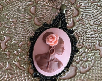 Black Lady Cameo Necklace - Antique Bronze Pendant Setting Over Brass