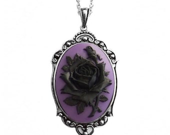 Black and Purple Rose Cameo Necklace, Vintage Ornate Antique Silver Pendant