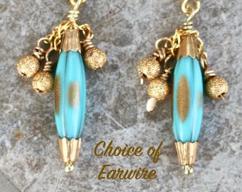 Upcycled Vintage Earrings, Reclaimed Assemblage, Pierced, Gold, Aqua, Turquoise, Hook, Leverback Post, Choice,  Jennifer Jones, OOAK, Exotic