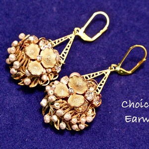 Wedding Earrings, Bridal Earring, Reclaimed Vintage, Pierced, Flower Cluster, Rhinestones, White pearls, Gold, Jennifer Jones, OOAK, Corsage