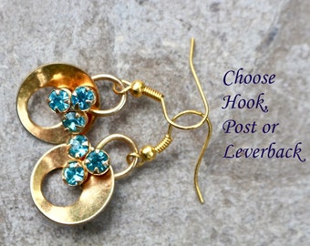 Upcycled Vintage Earrings, Reclaimed Assemblage, Pierced, Gold, Aqua, Turquoise, Blue, Petite, Hook, Dangle, Jennifer Jones, OOAK - Heiress
