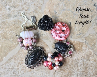 Vintage Earring Bracelet, Reclaimed, Black, Pink, Silver, Pearls, Rhinestone, Assemblage, Gift, Custom sizes, OOAK, Jennifer Jones, 1940s