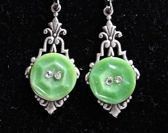 Vintage Glass Button Earrings, Silver Filigree Assemblage, Lime Green Rhinestone Recycled, Pierced, Jennifer Jones, OOAK - Key Lime Spritzer