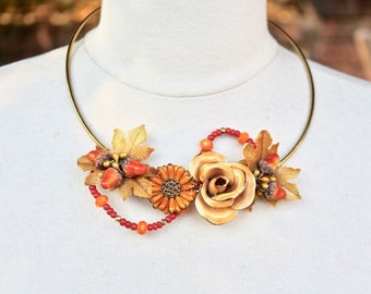 Vintage Necklace Assemblage, Statement, Enamel Flower, Apricot, Orange, Gold, Collar,1960s, Acorn, Jennifer Jones, OOAK - Squash Blossoms