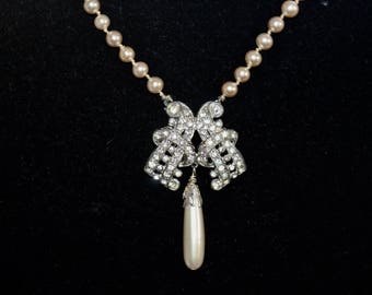 Vintage Pearl Necklace, Wedding Necklace, Vintage Rhinestone Clasp, Genuine, Champagne, Teardrop, Choker, OOAK, Jennifer Jones - Lovely Rita