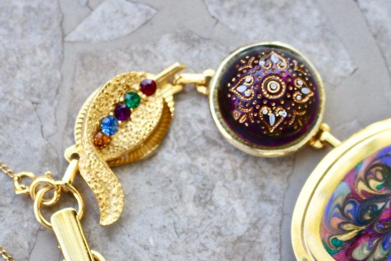 Vintage Bracelet Assemblage petit point Plum Abstract Iris Berry handmade Jennifer Jones OOAK Blackberry Palette Purple Gold