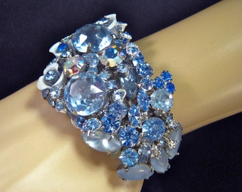 Rhinestone Bracelet, Wedding Bracelet, Vintage Rhinestones, Bling, Bridal Bracelet, Upcycled, Statement, OOAK, Silver, Cuff - Blue Glamour