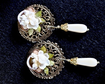 Wedding Earrings, Vintage Earring Assemblage, White Cream Ivory Shell, Gold Pierced Flower Posts Unique Reclaimed Jennifer Jones,  Beautiful