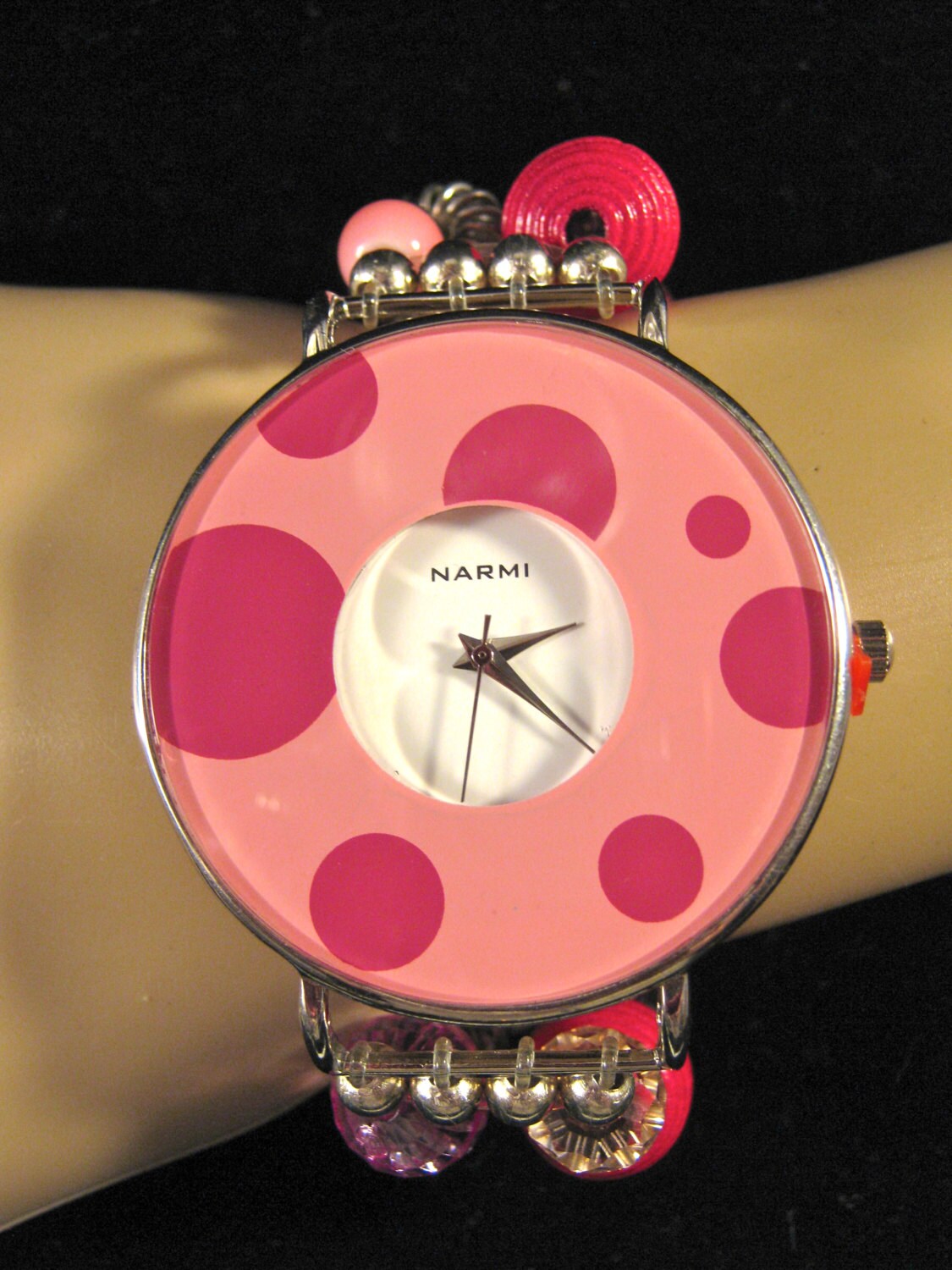 Bracelet Watch Pink Rose Silver Stretch Polka Dot Glass Etsy