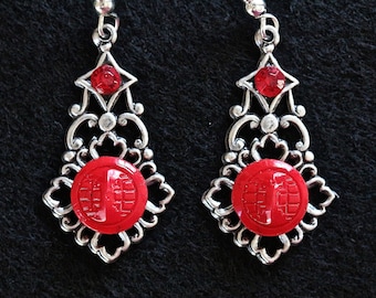 Vintage Glass Button Earrings, Silver Filigree Assemblage, Red, Recycled, Pierced Glass Hook Unique Reclaimed Jennifer Jones, OOAK - Passion