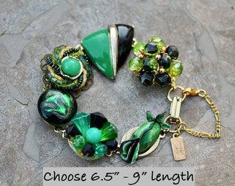 Vintage Earring Bracelet Assemblage, Repurposed, Emerald Green, Gold, Flower, Cluster, Black, Custom, OOAK, Jennifer Jones, 1940s, Signed