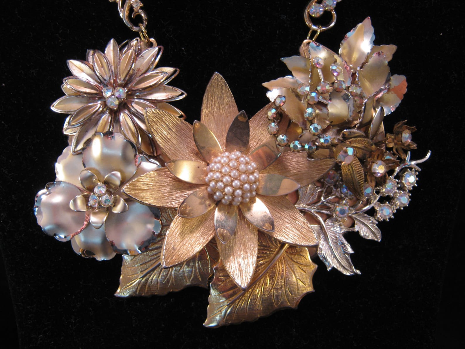 Vintage Enamel Flower Statement Necklace Assemblage Gold Etsy