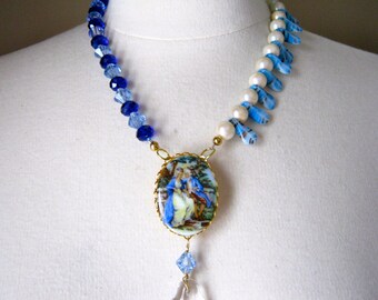 Statement Necklace, Vintage, Cameo, Chandelier, Pearl, Cobalt, Blue, Glass, Aquamarine, Dagger, Jennifer Jones, Upcycled - George and Martha