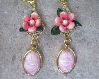 Reclaimed Vintage Earrings, Pink, Flower, Shell, Gold Filigree, Glass, Rose, Blush, Pierced, Gift Set, Volume Discount,  OOAK - Scarab
