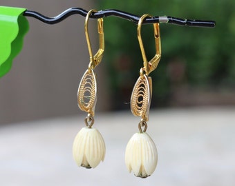 Vintage Celluloid Earrings, Ivory Tulip, Cream, Gold, Filigree, Pierced, Reclaimed, Upcycled, Leverback, Jennifer Jones, OOAK, Coupon Code