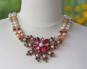 Statement Necklace, Vintage Rhinestone Brooch, Pink, Red, White, Pearl, Ruby, Gold, Multi-Strand, Jennifer Jones, OOAK - Strawberry Fields