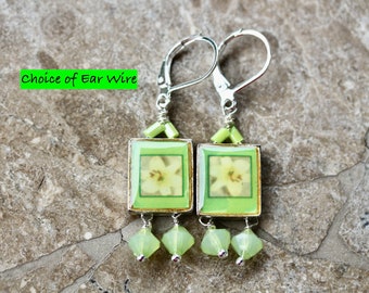 Daffodil Vintage Earrings, OOAK, Jennifer Jones, Silver, Yellow, Green, Glass, Hand wired, Comfortable, pierced, clip, post options