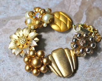 Wedding Bracelet, Bridesmaid Gift, Vintage Earring Bracelet, Cluster, Gold, Flower, Pearl, Jennifer Jones, Under 40, OOAK - Wedding Day
