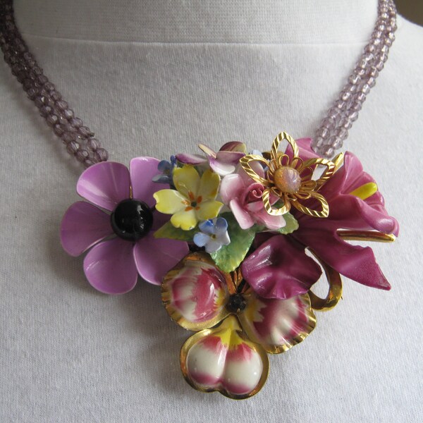 Reclaimed Vintage Necklace, Wedding Necklace, Statement Necklace, Enamel Flower Power - Pansy