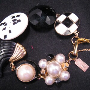 Reclaimed Vintage Bracelet, Bridesmaid Bracelet, Vintage Earring Bracelet, Cluster, Black, White, OOAK, Bridesmaid Gift Checkmate image 1
