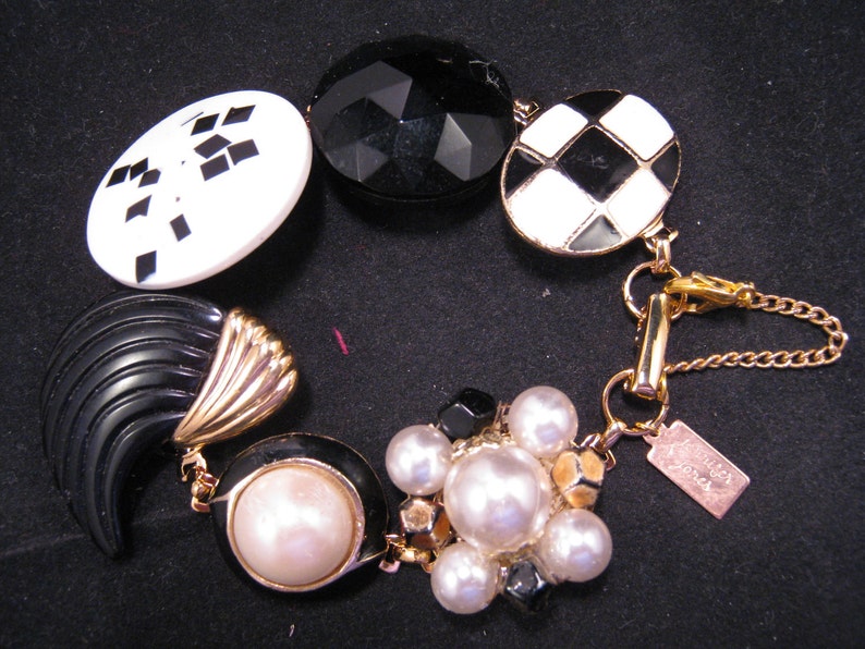 Reclaimed Vintage Bracelet, Bridesmaid Bracelet, Vintage Earring Bracelet, Cluster, Black, White, OOAK, Bridesmaid Gift Checkmate image 1