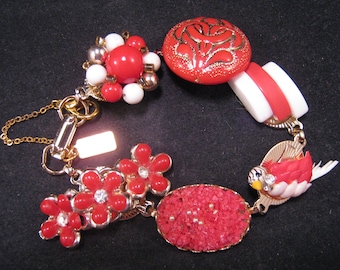 Reclaimed Earring Bracelet, Holiday Gift, Bridesmaid Gift, Vintage Bracelet, Statement, Cluster Earring, Parrot, Under 40, OOAK - Red Polly