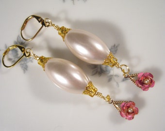 Reclaimed Vintage Earrings, Upcycled, Reclaimed, Wedding Earrings, Shabby Chic, Gold, Pearls, OOAK, Pierced, Bridesmaid Gift - Touch of Rose