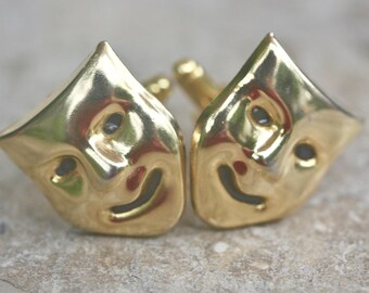 Cuff Links, Gift for Him, Unisex, Gold, Drama Mask, Tragedy, Comedy, Stage, Figural, Tuxedo, Repurposed,Vintage, Groom, Jennifer Jones, OOAK