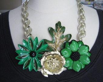 Statement Necklace, Enamel Flower, Vintage, Sarah Coventry, Upcycled Brooch, Lisner Necklace , Green, Gold, OOAK - Emerald Fields