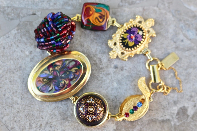 Vintage Bracelet Assemblage petit point Plum Abstract Iris Berry handmade Jennifer Jones OOAK Blackberry Palette Purple Gold