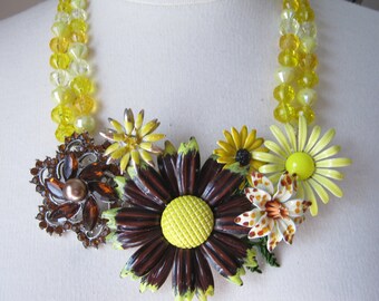 Statement Necklace, Vintage Enamel Flower, Flower Power, Yellow, Brown, Jennifer Jones, 1960s, Topaz, Multi Strand, OOAK - Buttered Toast