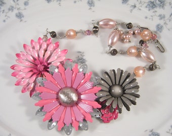 Statement Necklace, Vintage Enamel Flowers, Upcycled Vintage Brooch, Flower Power, Pink, Gray, Wedding, OOAK - Pink and Gray
