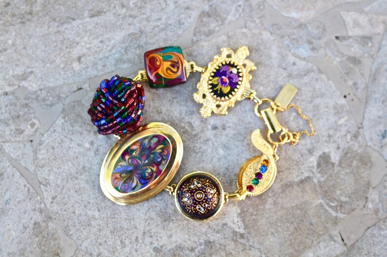 Vintage Bracelet Assemblage petit point Plum Abstract Iris Berry handmade Jennifer Jones OOAK Blackberry Palette Purple Gold