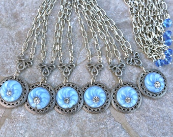 Bridesmaid Necklace Gift Set, Multiples, Vintage, Rhinestone, Silver, 16 inch, Sky Blue, Vintage Glass Button, Bulk Discount, Jennifer Jones