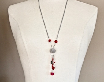 Upcycled Vintage Tassel Necklace, Silver Opaque Red Glass Teardrop, Swarovski cube long original Jennifer Jones boho design hand wired OOAK