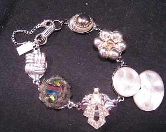 Wedding Bracelet, Vintage Earring Bracelet, Bridesmaid Gift, Upcycled Vintage Bracelet, Statement, Silver, Rhinestones, Under 40 - Frosted