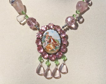 Statement Necklace, Vintage Brooch, Cameo, Polished, Fluorite, Pink, Green, Glass, Silver, Upcycled, Jennifer Jones, OOAK - Young Lovers